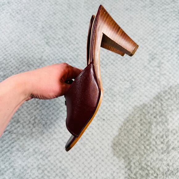 Gorgeous Vintage Warm Brown Burgundy Leather Peep Toe Wood Heel W10 Etienne - Picture 3 of 4